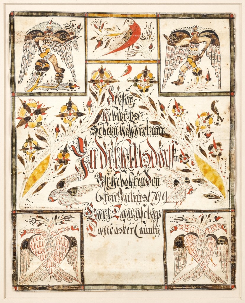 Like most Pook & Pook sales, several fraktur were on offer. This example, done by Christian Alsdorf for Judith Alsdorf in 1799, realized the most. It was from the Krumrine collection and sold to a local collector for $37,200 ($6/9,000).