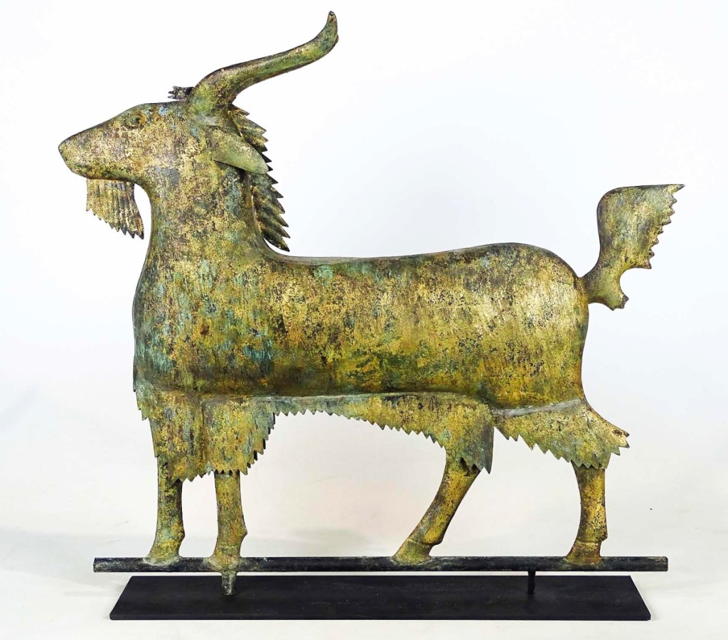 Rounding out the top three — and achieving the highest price among 13 lots of weathervanes in the sale — was this full-bodied gilt goat weathervane that stood 23½ inches tall and 24 inches long. It brought $11,378 from an online collector ($3/5,000).