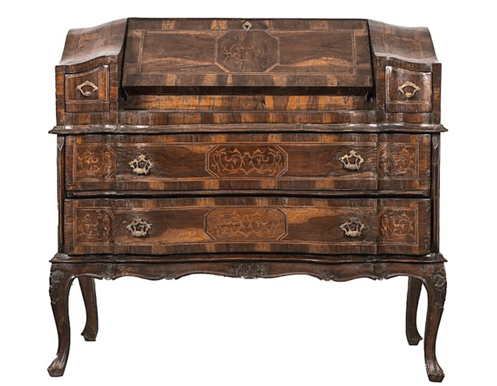 A late Eighteenth Century Italian rococo inlaid walnut secretary desk that was removed from the Fifth Avenue residence of Jill and Ken Iscol left the gallery at $4,062
