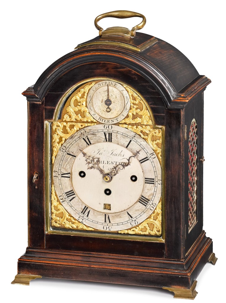 The rarity of this ebonized fruitwood bracket clock — described as “important” and made in South Carolina by Jas Jacks, circa 1790 — helped drive the price to $59,520, paid for by a trade buyer that Jamie Shearer said was probably in South Carolina. It had been consigned to Pook by a private collector ($8/12,000).
