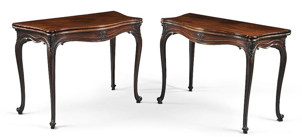 A pair of George III mahogany games tables, circa 1765, went out at $37,500. Carved in the manner of Thomas Chippendale, the auction housed posited that they were possibly the output of a Scottish cabinetmaker emulating the latest French-influenced fashions to emerge from London.