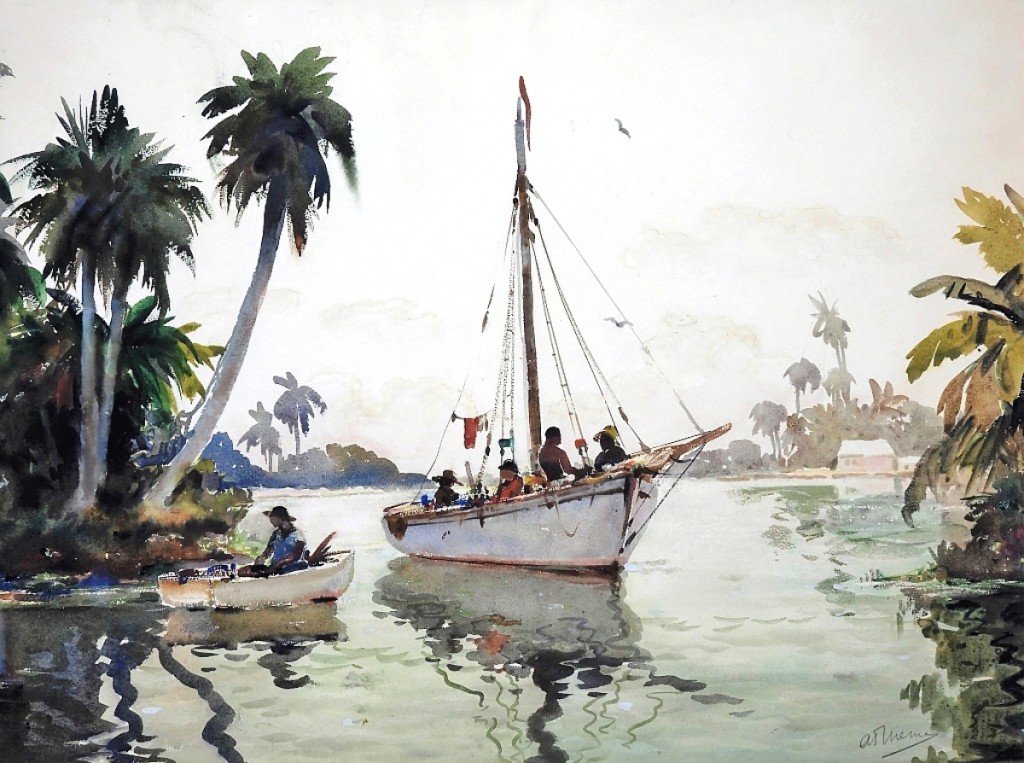 Watercolor on paper painting by Anthony Thieme (1888-1954), depicting groups of men in boats floating through calm waters, surrounded by tropical trees, sold for $12,500.