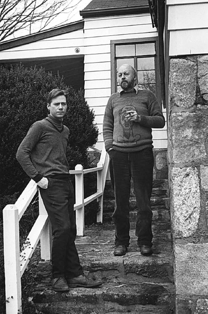 Thomas Meyer, left, and Jonathan Williams   wearing his Erik Satie portrait sweater custom-knitted by Astrid Furnival, Skywinding Farm, 1980. Photo by Tom Patterson.