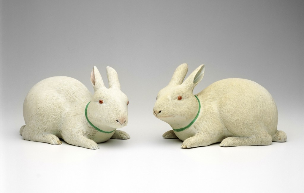 When displayed on a shelf or desk, these rabbit mates would bring love to a family. In Chinese art, rabbits are auspicious for their gentle nature, and Chinese folklore tells of a rabbit that has lived on the moon for thousands of years. The slim green collars of these rabbits suggest that they represent domestic pets. Pair of Rabbits, China, Qianlong period (1736-1795). Biscuit porcelain with glazes and enamel decoration. Purchase: The Mrs David T. Beals Sr Fund, F75-55/1, 2. Courtesy The Nelson-Atkins Museum of Art.