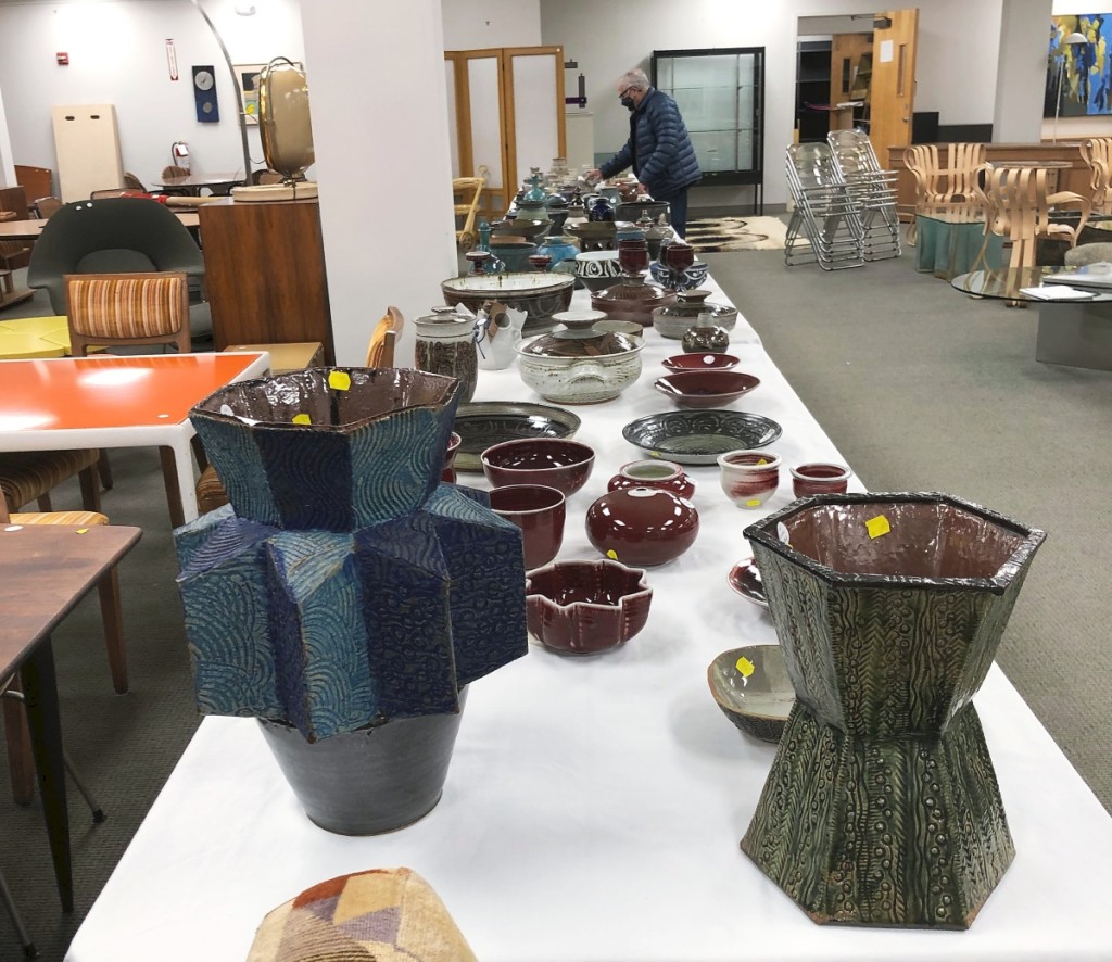 A portion of the studio pottery selection arranged for the preview. In the foreground are pieces from the single-owner collection of Gerry Williams pottery.