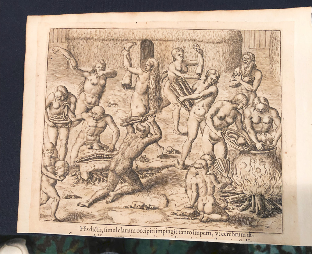Theodor de Bry was an engraver, goldsmith, editor and publisher, famous for his depictions of early European expeditions to the Americas. This scene of cannibalistic natives in Brazil preparing to eat their victims was published about 1599 in “Grand Voyages,” a series of works that would eventually total 30 volumes. It was in the booth of Brian Cullity.