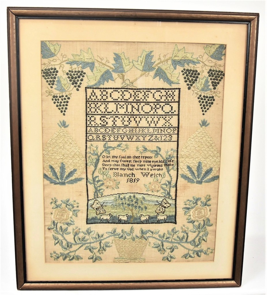 This 1819 Baltimore sampler sewed up the high price in the sale, surpassing its estimate and bringing $5,310. It related to an example published in Betty Ring’s book on Girlhood Embroidery ($2/4,000).