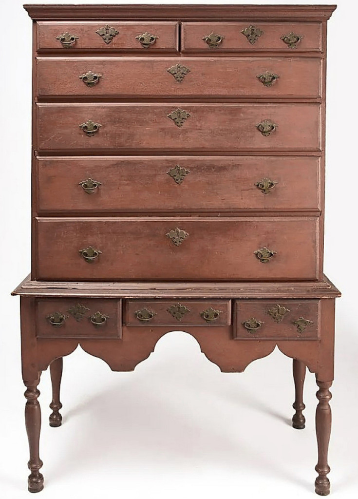The top lot of the Good sale was this very fine red-painted poplar William and Mary high chest that had descended in the Hall family of Wallingford, where it was made around 1730. Original paint and brasses contributed to its appeal and a local private collector, bidding in the room, prevailed against a phone bidder to win it for $59,375 ($40/80,000).