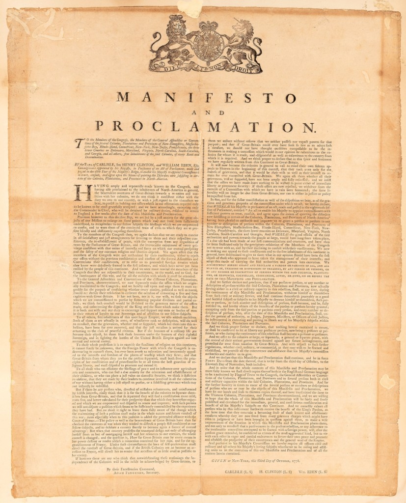 Manifesto & Proclamation, October 1778, sold for $22,800.