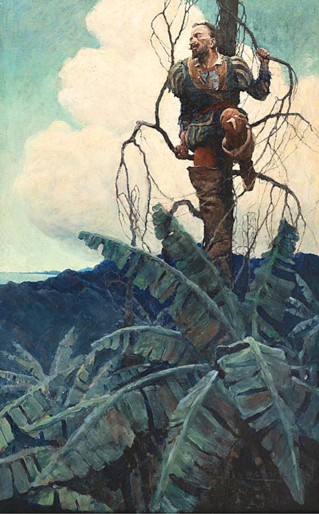 NC Wyeth painted “When Drake Saw for the First Time the Waters of the South Sea,” a 1906 oil on canvas measuring 38 by 24 inches, for The Outing Magazine as a frontispiece illustration for John R. Spears’ article “The Buccaneers, Drake and the Golden Hind.” Letters indicate both he and his teacher, Howard Pyle, found the work to be one of his best at the time. It sold for $275,000.