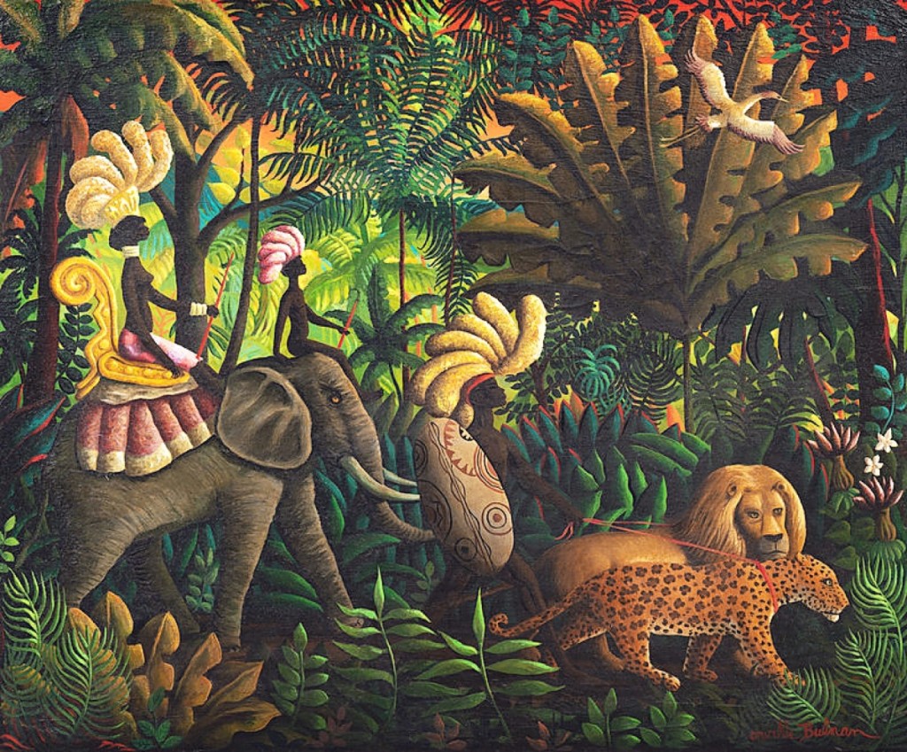 Orville Bulman’s “Entourage de la Reine” is one the artist’s classic jungle scenes. It sold for $83,750. Oil on canvas, 30¼ by 36 inches.