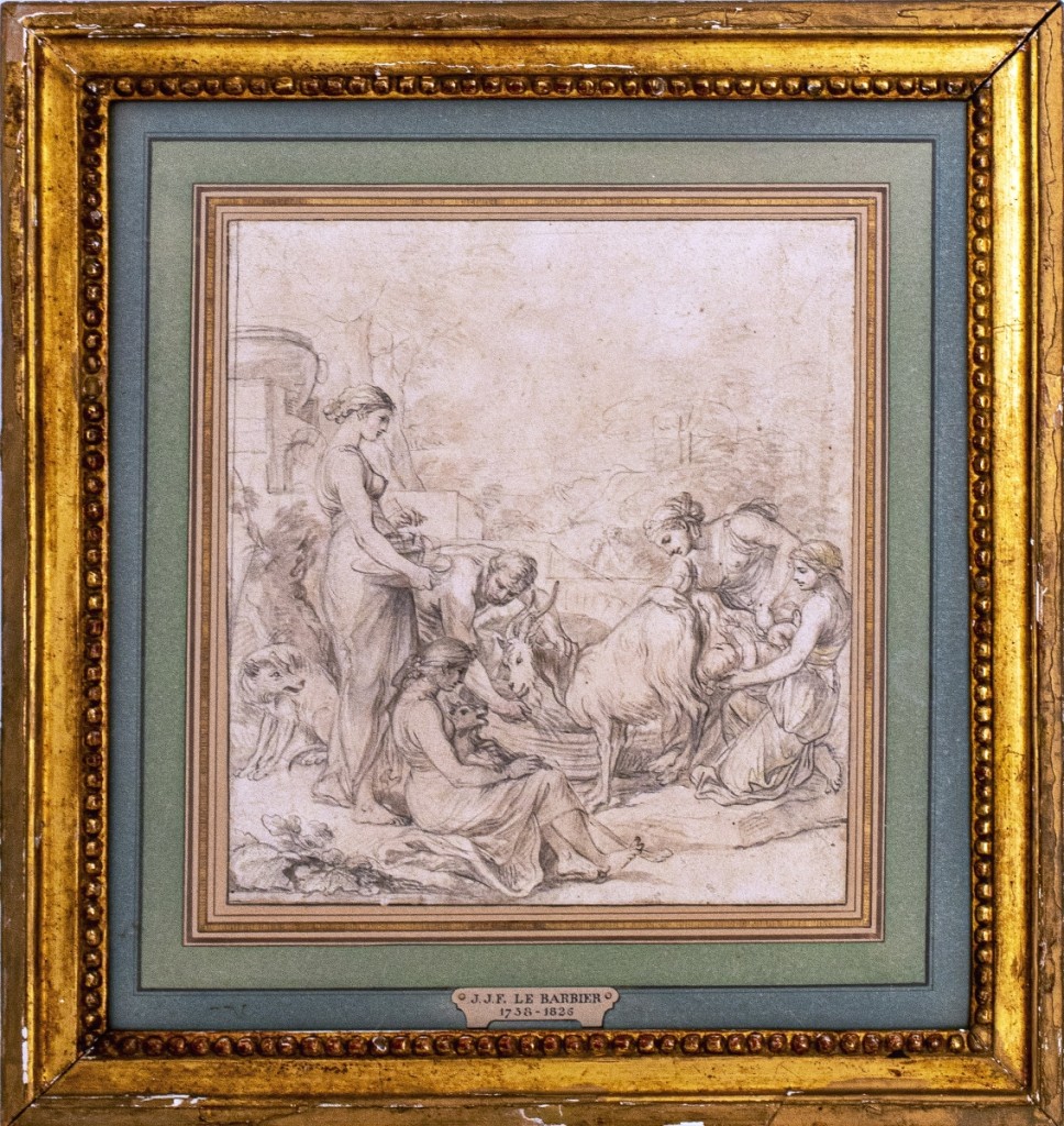 A French Neoclassical Old Master drawing by Jean Jacques François Le Barbier (French, 1738-1826) depicting a pastoral scene with shepherds and goats sold to an online bidder for $22,500.