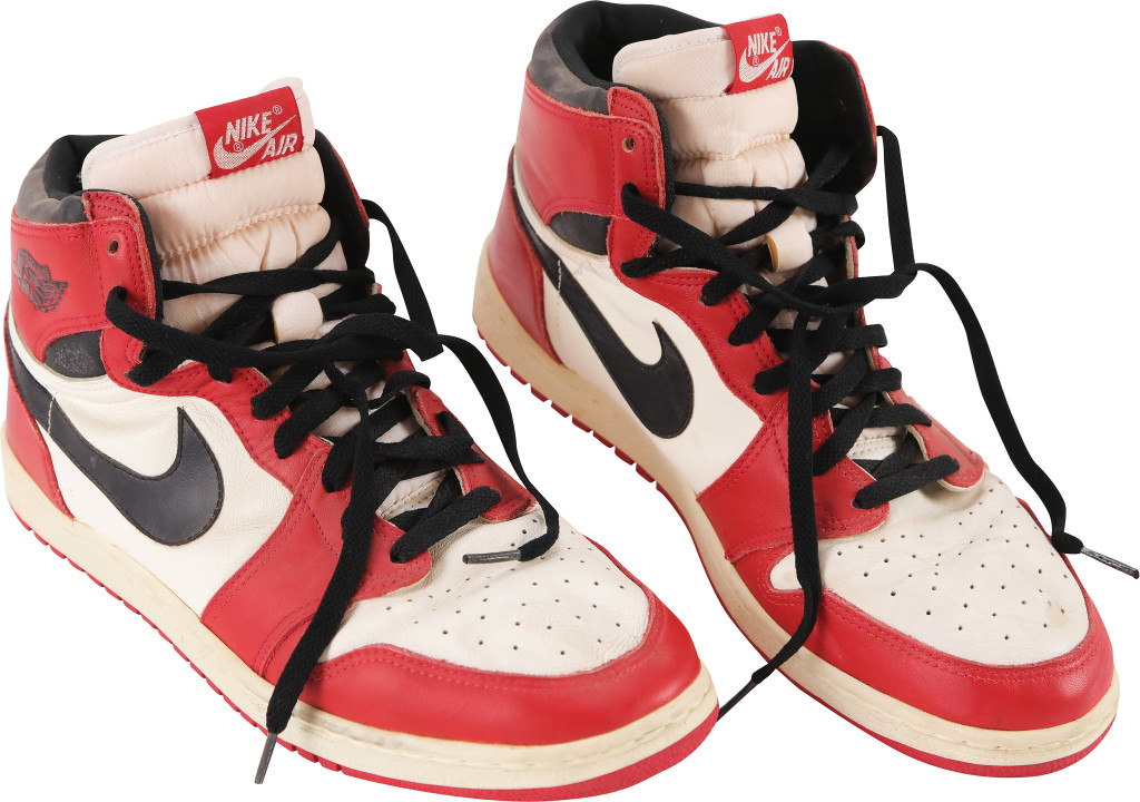 Michael Jordan’s 10/29/85 Chicago Bulls game-worn Air Jordan I sneakers from his broken foot game — likely the last pair of original Air Jordan I’s MJ ever wore (MEARS) — brought $422,130.