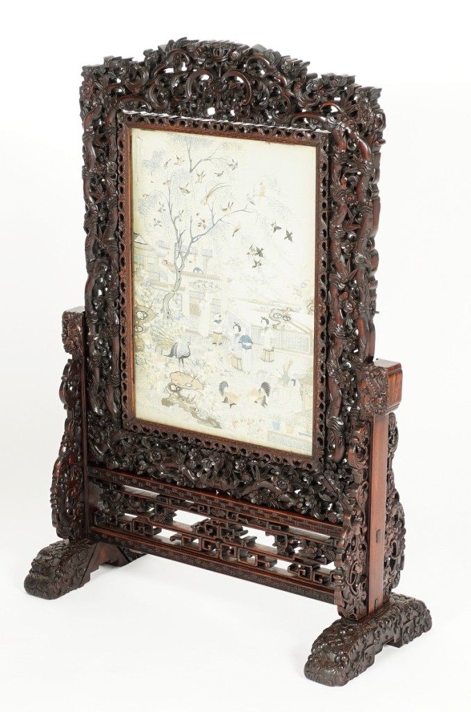 This Chinese silk embroidery screen, which realized $9,225, surpassed its $2,5/3,500 estimate despite condition issues such as missing several pieces of the stand.