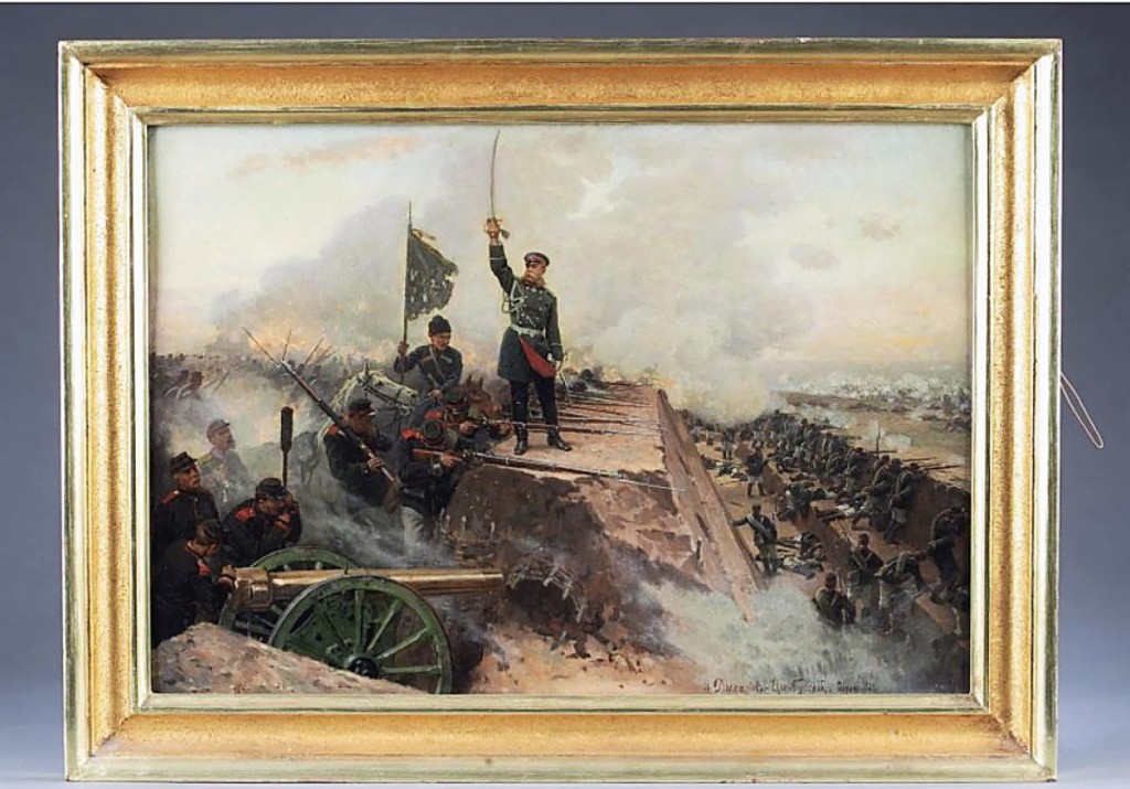 Russian artist Nikolai Dmitriev-Orenburgsky (1838-1898) is known for the military themes that predominated his work after he participated in the Russo-Turkish War of 1877-78. This 1882 battle scene, an oil on panel, shows a Russo-Turkish War scene of Russian troops in fortification. Estimated $10/15,000, it sold for $66,675.