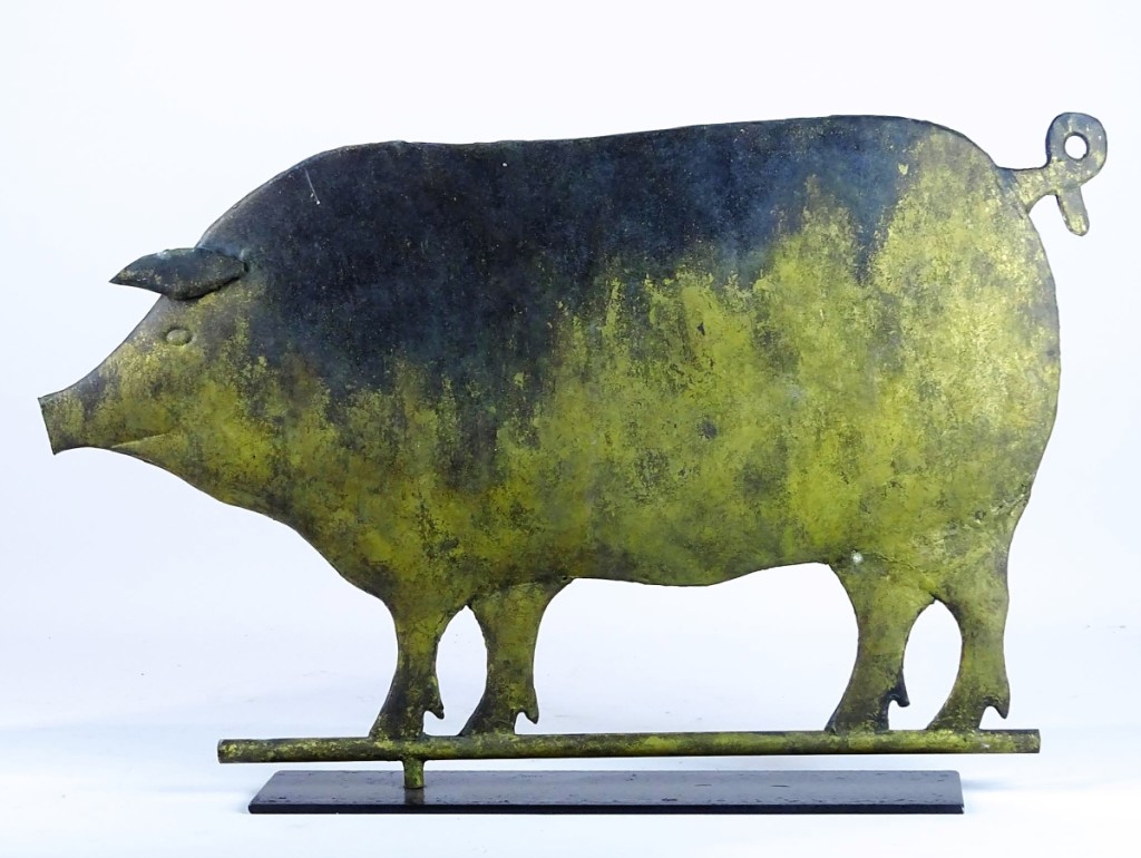 Some Pig! The weathervane’s porcine form was mounted on a stand, 28 by 16¾ inches. It sold for $2,950.
