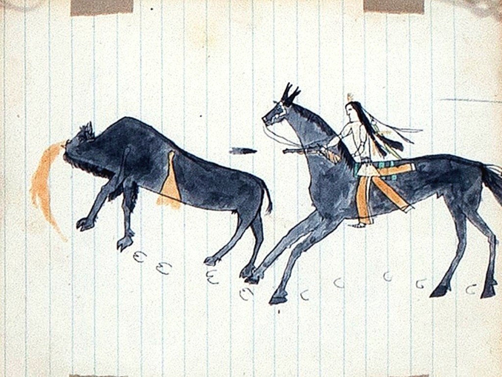 A Plains double-sided ledger drawing, circa 1880-1900, from a private New Mexico collection, ink on lined paper, 5-5/8 by 7-1/8  inches, more than doubled its high estimate to finish at $10,455.