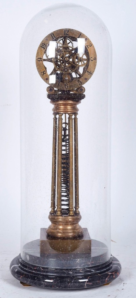 William Smith of Musselburgh, Scotland made this coil spring chain skeleton clock with dome. Bidders made no bones about their interest, taking it to $840 ($300/500).