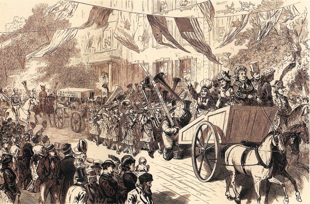 “Parade of the ‘Antiques and Horribles’ in Charlestown, Massachusetts on the morning of June 17, 1875.” Wood engraving after a sketch   by E.R. Morse and Harry Ogden. Supplement to Frank Leslie’s  Illustrated Newspaper, July 3, 1875. Private collection.