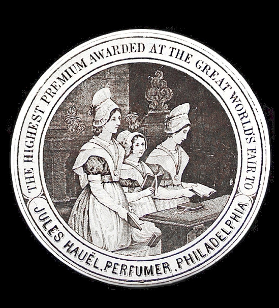 Not a bottle but a rare and important pot lid that came out of Jim Hagenbuch’s own collection, bore an illustration and the legend “The Highest Premium Awarded at The Great Worlds Fair To / (three woman praying) / Jules Hauel, Perfumer. Philadelphia.” The circa 1855 cream color pot and lid with black transfer measured 1½ inches high with a 3½-inch diameter, sold for $18,720.