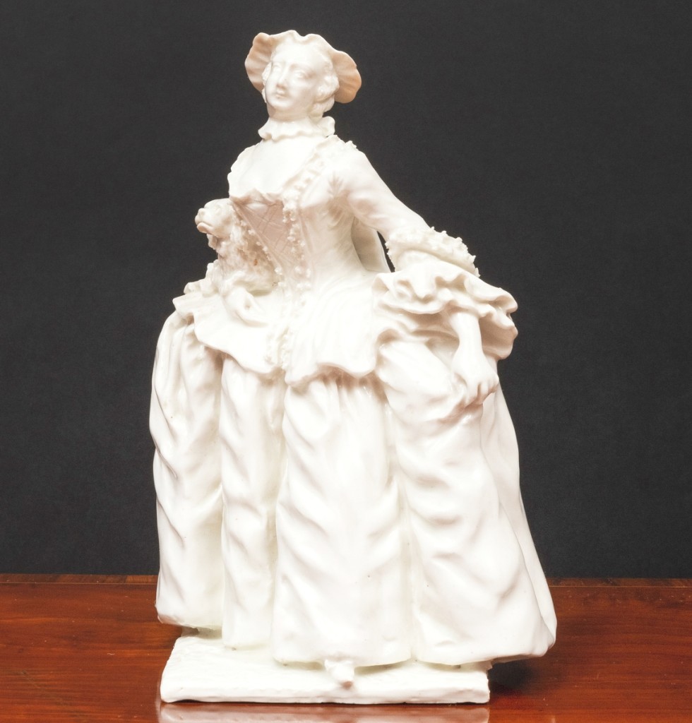 The Bow porcelain catered for the luxury end of the market and produced figural pieces known for their warm, creamy bodies and glaze tending towards ivory. Among the two choice examples that did well in this sale was this white glazed porcelain figure of Kitty Clive dressed as Mrs Riot from David Garrick’s farce “Lethe,” in which she appeared in 1749 at Drury Lane. Kitty realized $4,920.