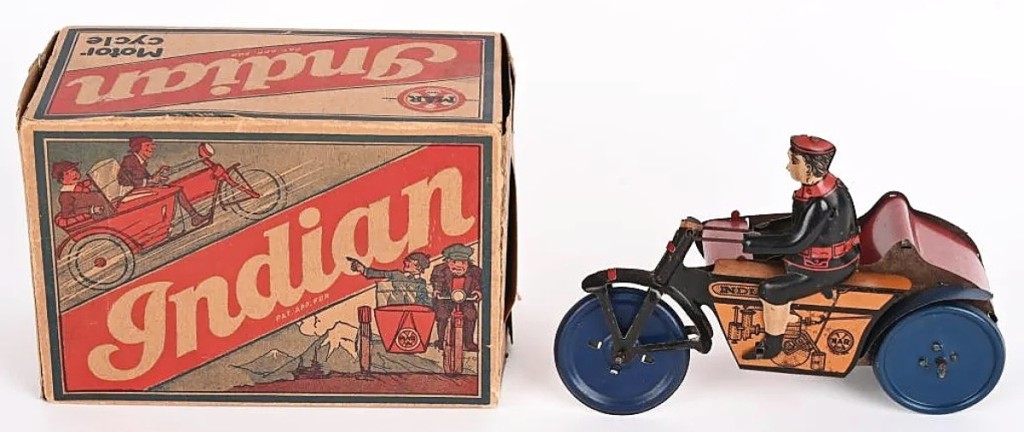 “The box was the rare part, it’s very, very rare to have one for that toy,” Miles King said of this Marx windup Indian Motorcycle and side car that included its original box. It brought $9,360 — the second highest price in the sale — from a private collector in the United States ($4/6,000).