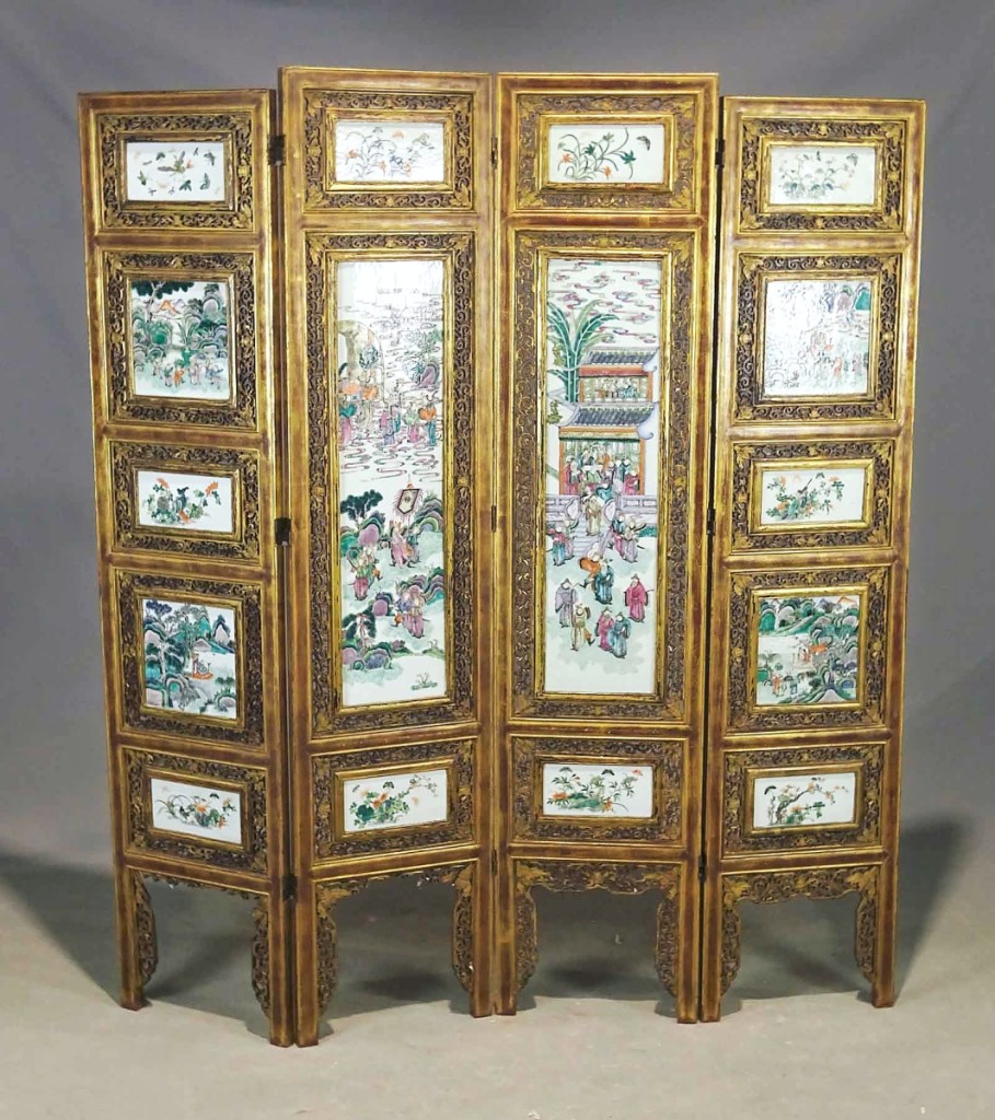 This Chinese four-part screen with ceramic panels led the sale, surpassing its $300/400 estimate and landing at $9,440.