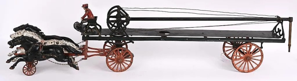 Built in the late nineteenth century, this cast iron water tower fire wagon designed by Wilkins was 44 inches in length.  Bidders raised it to $8,190 ($4/6,000).