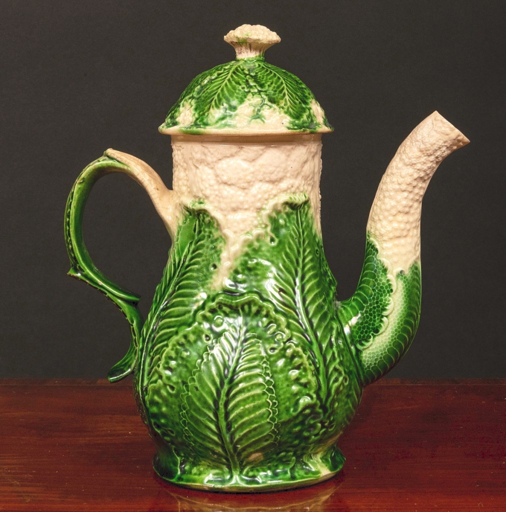 The successful bidder for this exuberantly decorated Staffordshire glazed earthenware “Cauliflower’” coffee pot and cover paid $9,225.