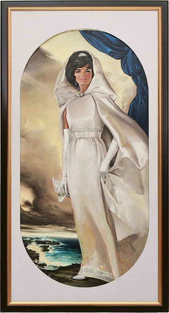 John F. Kennedy commissioned this full-length portrait of Jackie from Ralph Wolfe Cowan (b 1931) and it sold for $33,750. The 98-by-52-inch portrait was unsigned but includes a letter of dedication to the previous owner.