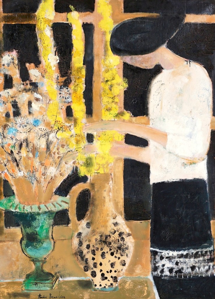 A New York City gallery was the successful bidder for the sale’s top lot, an Andre Brasilier (French, b 1929) impressionist portrait of a standing woman with flowers and vases, most likely his wife and muse Chantal. The oil on canvas titled on verso “Femme aux Bouquets,” signed lower left and dated 1962 on the canvas, sold for $64,900.
