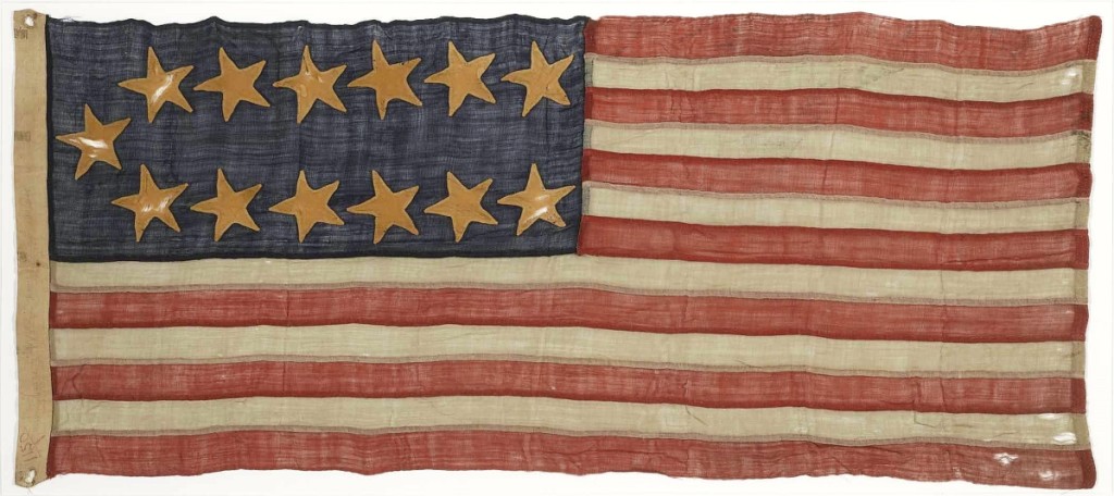 This unusually proportioned commemorative 13-star United States flag had once belonged to journalist Charles Kuralt. Bidders raised it to $176,400, the highest price realized in the Books and Manuscripts sale ($15/25,000).
