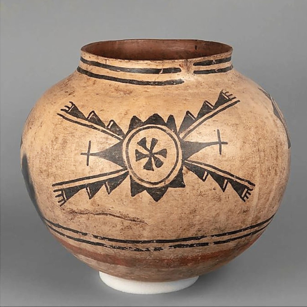 Top lot in the sale was a Cochiti large storage jar, circa 1820, that sold for $48,000 to a collector on the phone. The fired clay vessel with pigment stood 17-1/8  inches high and had a diameter of 19 inches.