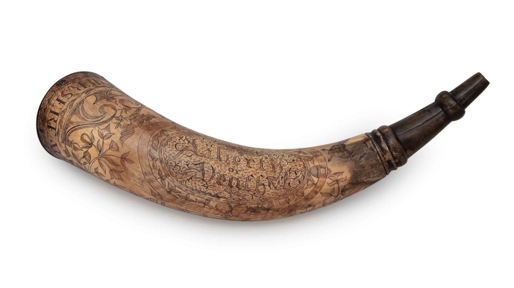 Jacob Mersereau’s Revolutionary War powder horn, dated 1776 and engraved “Liberty or Death,” was one of a few examples in the du Pont collection. Bidders capped it off at $138,600($20/30,000).