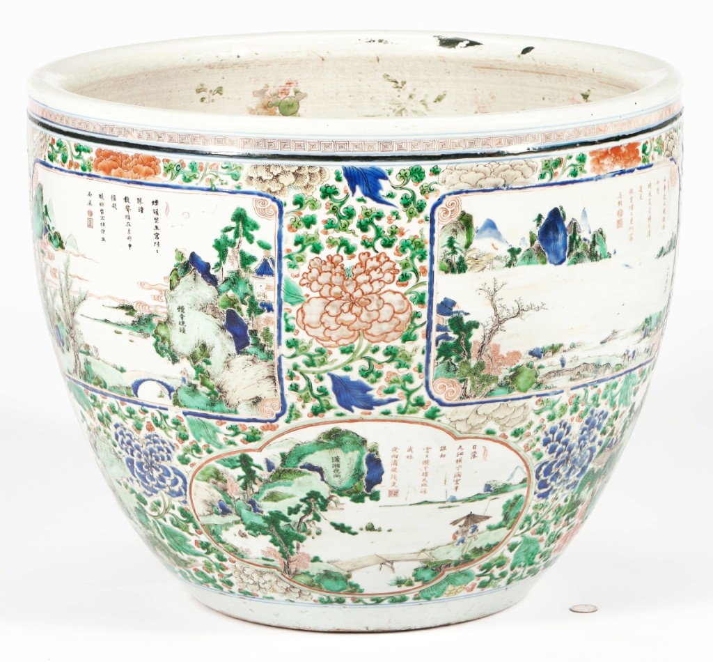 This large Chinese Qing dynasty famille verte porcelain fish bowl with poem decoration made a splash at $66,000.