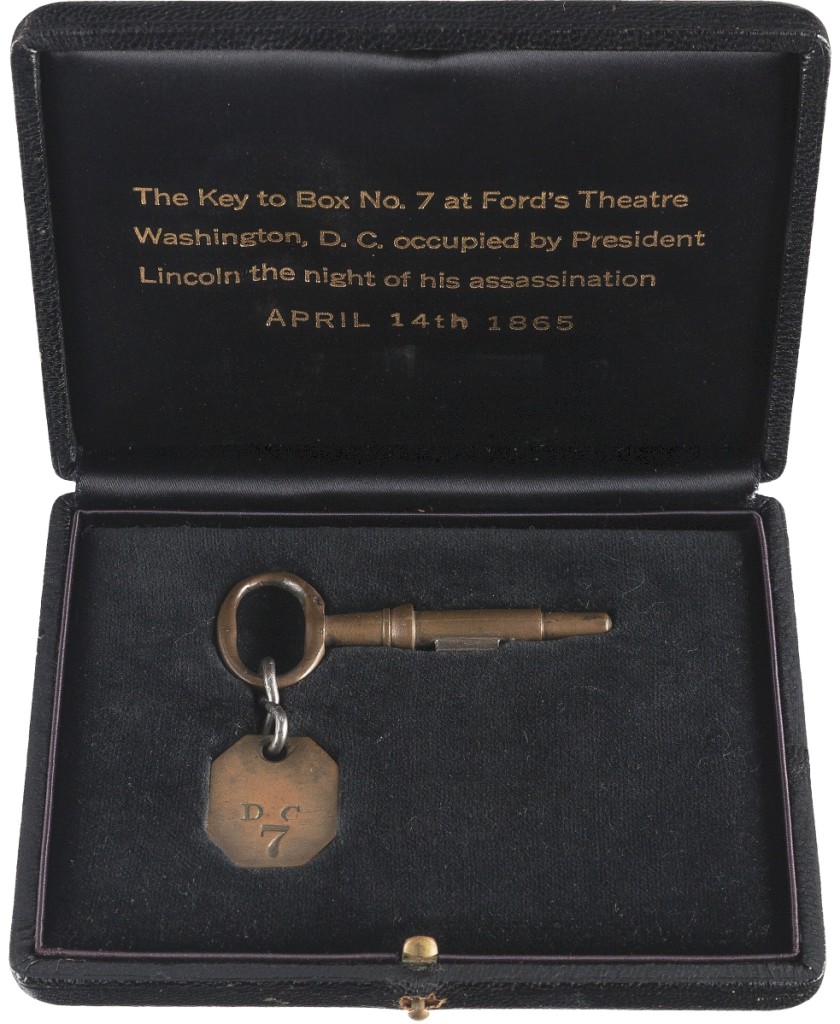 The market for singular relics from Lincoln’s assassination bring top prices, as evidenced by this key to Lincoln’s box at Ford Theater, which bidders took from $10,000 to $495,000.