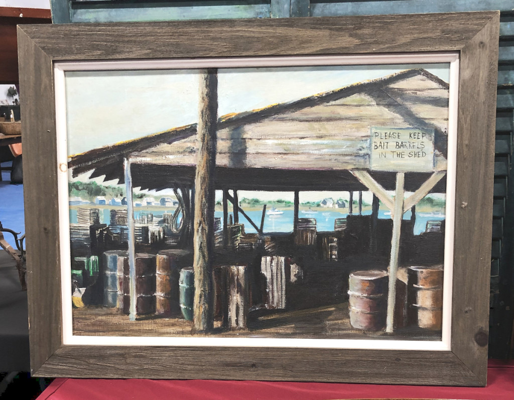 Bob Foley, Gray, Maine, offered an unsigned oil of an open-air dockside warehouse in Freeport, Maine. The sign said, “Please Keep Bait Barrels In The Shed.” Foley priced it $350.