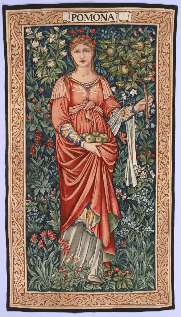 “Pomona,” figure design 1882, background design 1898, made 1906. After designs by Sir Edward Burne-Jones (English, 1833-1898) and John Henry Dearle (English, 1860-1932), produced by Morris & Co., London (English, 1875-1940), woven by Walter Taylor (English, 1875-1965) and John Keich (English, active 1890s-1910), Merton Abbey Tapestry Works, London (English, 1881-1940). Cotton, wool, and silk, slit and double interlocking tapestry weave, 36½ by 65 inches. Ida E.S. Noyes Fund.