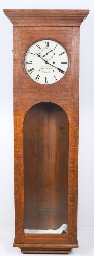 This oak wall regulator clock, made by E. Howard Co of Boston for the Central National Bank of Greencastle, Ind., was the highest seller in the sale, timing out at $4,500 to a private collector in Pennsylvania ($2/3,000).