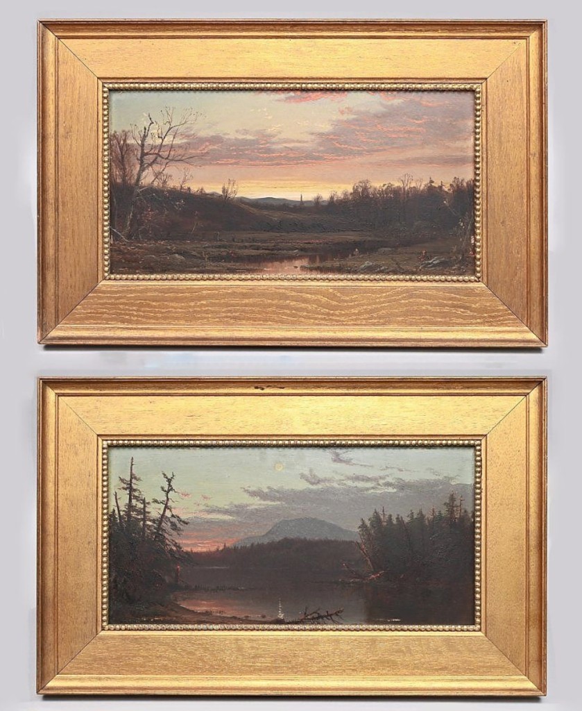 Bringing the highest price of the sale, $38,750, was a matched pair of White Mountain paintings by New Hampshire born Alfred Thompson Bricher. One depicted Sawyer Pond, in Livermore, N.H., an unusual subject. Both were signed and titled in pencil on the reverse.