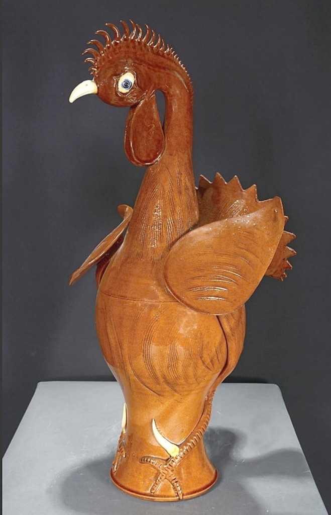 “That was probably the largest I’ve ever seen,” Steve Slotin said of “Jungle Fowl” by Roger Corn. Standing 25 inches tall, the piece was signed, dated 2002 and titled with delicate details. It flew to $3,500, the top price in the sale ($300/500).