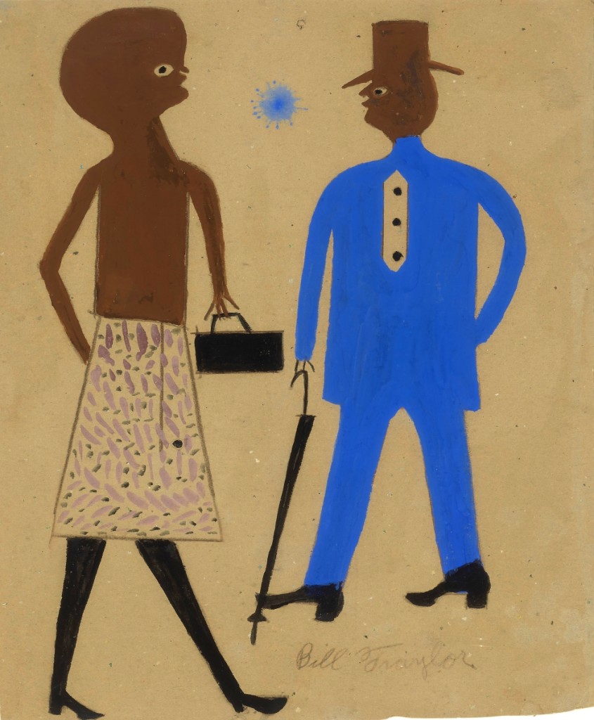 The top lot in the sale was Bill Traylor’s “Untitled (Man and Woman)” from the Gene and Judy Kohn Collection that dated to 1939-42 and was done in graphite, colored pencil and tempera on card measuring 15 by 12¾ inches. Additional provenance included the Carl Hammer Gallery and Charles Shannon, who is credited with discovering and supporting Traylor from 1939. It brought $175,000 from a private collector ($80/120,000).