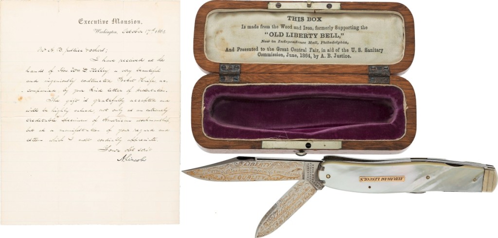 Bringing $519,000 and the highest price of the sale was a presentation pocketknife given to Lincoln after his June 16, 1864, visit to the Philadelphia Sanitary Fair. It was accompanied by Lincoln’s handwritten thank-you letter.