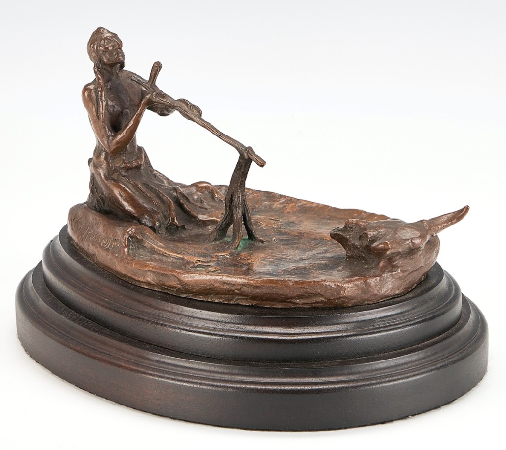Top lot at $72,000 was this Charles Marion Russell (1864-1926) bronze, “Smoking with the Spirit of the Buffalo,” one of a tiny number of castings commissioned by the artist’s widow in 1929 from the California Art Bronze Foundry.