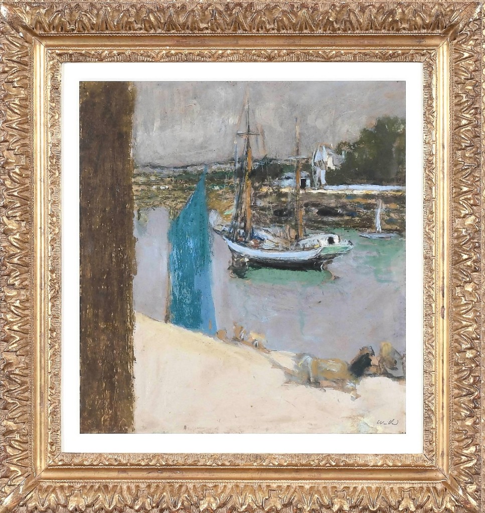 Sailing into first place with a result of $59,040 was “Bateau à l’ancre (Boat at Anchor)” by Edouard Vuillard. The composition was in distemper on brown paper and measured 16 by 14-  inches. It sold to an American trade buyer from New York City ($30/50,000).