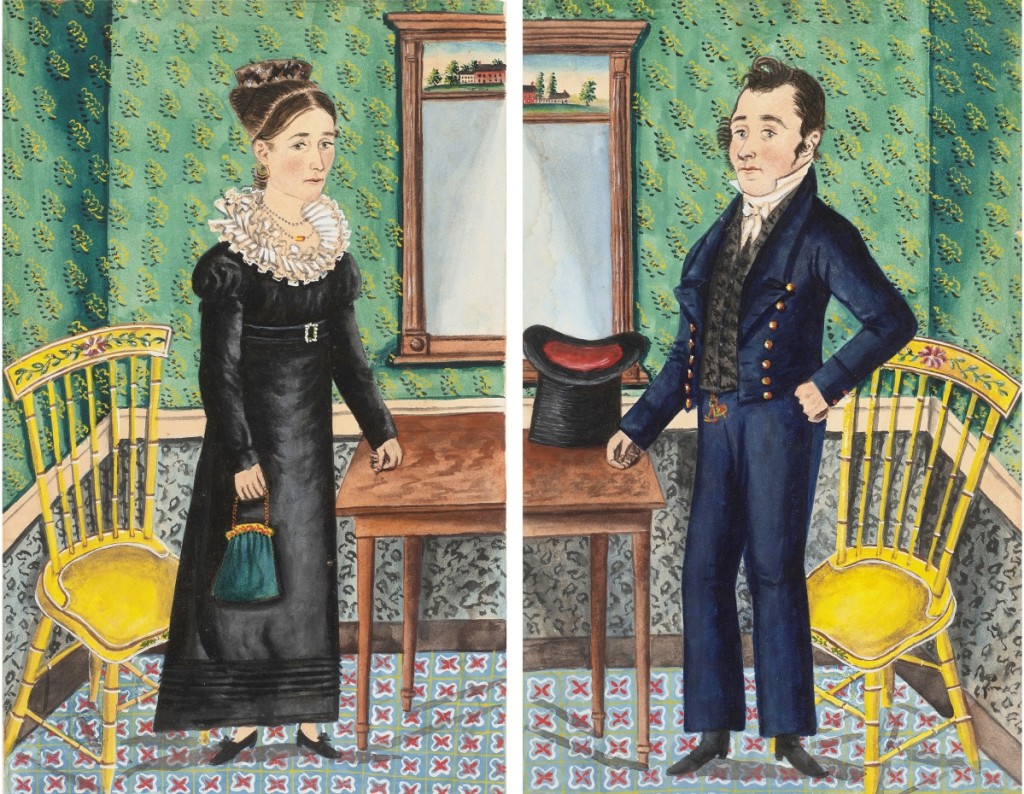 “Pair of portraits of Husband and Wife” by Jacob Maentel (1778-1863), done in watercolor and gouache on paper, realized $562,500 and sold to David Schorsch who was bidding for a client. It is the new auction record for a work by Maentel (Goodman Collection, $120/180,000).