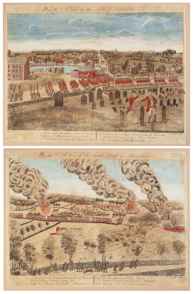 The second highest price of the various owners’ Americana sale were these two contemporary Revolutionary War-era engraved views of the Town of Concord and the south part of Lexington by Amos Doolittle. Estimated at $700/900,000, they sold for $750,000.