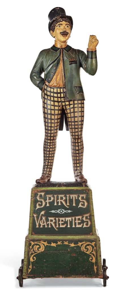 The various owners’ Americana sale offered 11 cigar store figures, most from the collection of Gary Dubnoff. Standing tallest among them was this carved and polychrome paint-decorated figure of a “Racetrack Tout,” that was possibly made in late Nineteenth Century New York. It finished at $375,000 ($300/500,000).