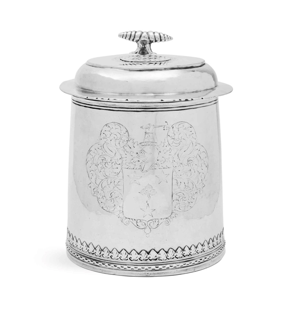 Selling for $27,720 was this large tankard made around 1710 by New York silversmith Simeon Soumaine (Pfaffenroth Collection, $20/30,000).