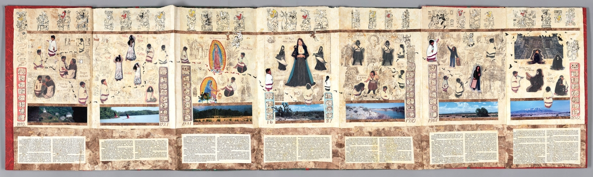 “Codex #2 Delilah: Six Deer: A Journey from Mechica to Chicana” by Delilah Montoya, 1992-95. Painted amate paper on board, photographs, and string. Department of Special Collections, Stanford Libraries. ©Delilah Montoya. Courtesy Department of Special Collections, Stanford Libraries.